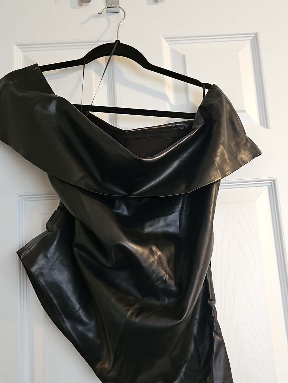 Mango Black One-Shoulder Faux Leather Gathered At Side Top